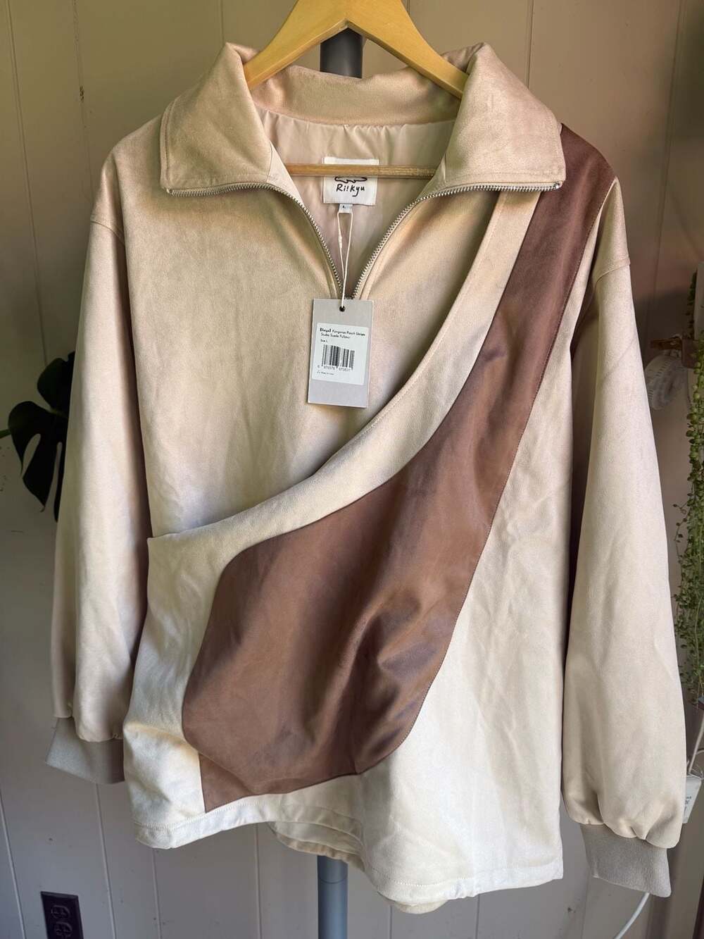 Ri!Kyu Kangaroo Pouch Unisex Scuba Suede Pullover Jacket Beige Size L - Picture 2 of 6